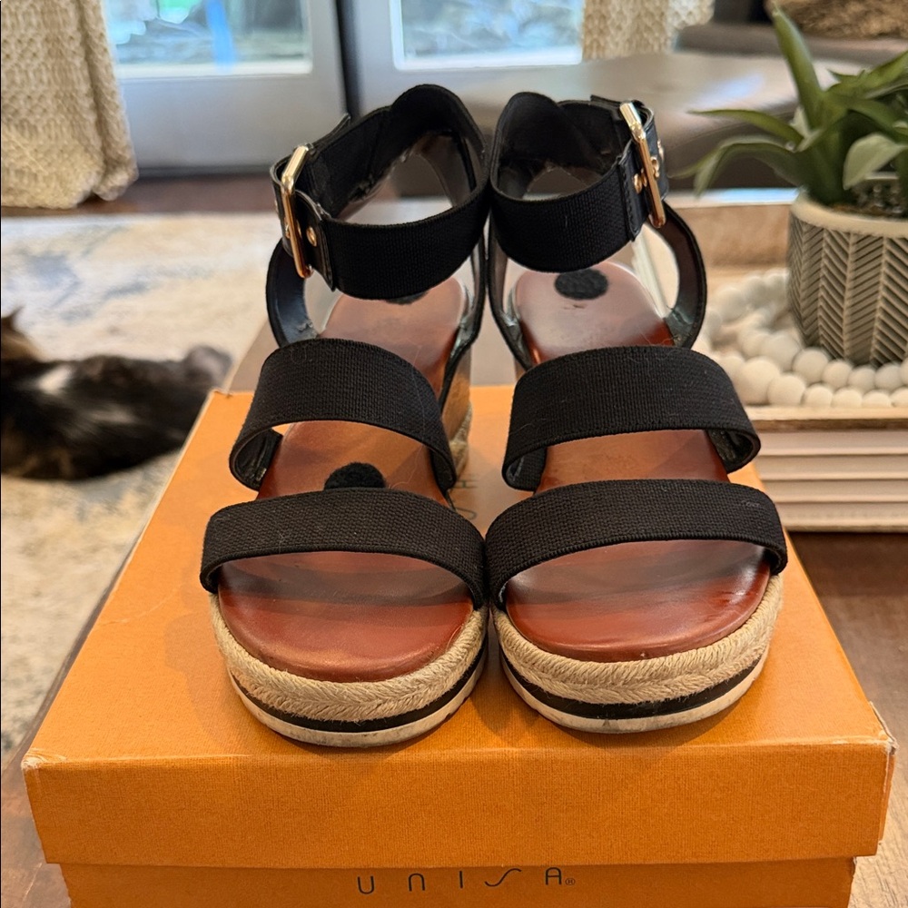Unisa Black Espadrille Platform Sandals with Ankle Straps